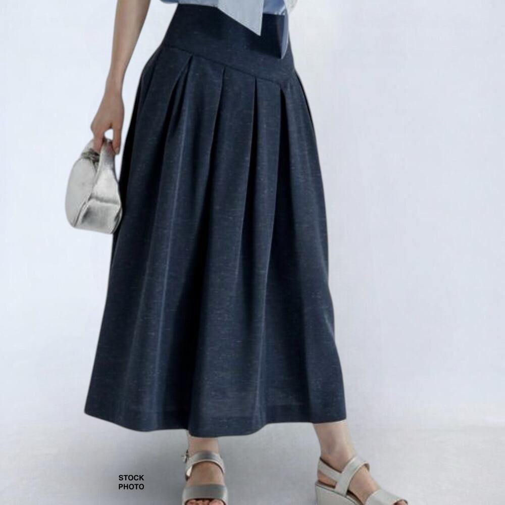 Te Chichi Navy Maxi Skirt Linen Blend Side Zip Pleated Boho A Line Size S NWT
